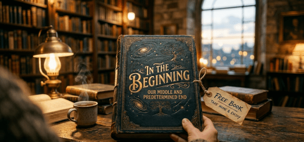 Hand holding 'In the Beginning' book with free book tag in a warm library setting