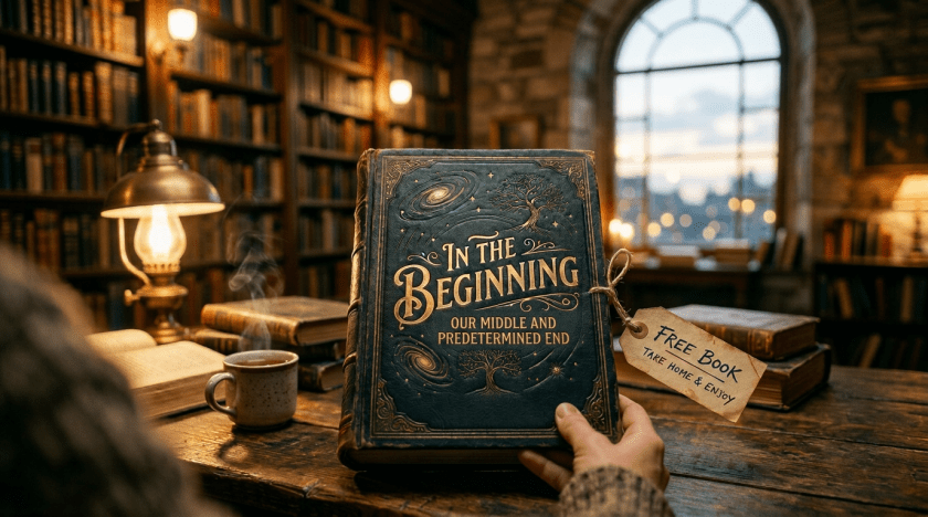 Hand holding 'In the Beginning' book with free book tag in a warm library setting