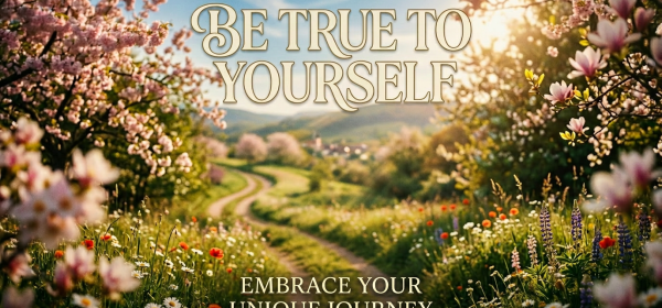 A smiling woman in a floral dress holding a bouquet of wildflowers in a field with blooming trees and a dirt path