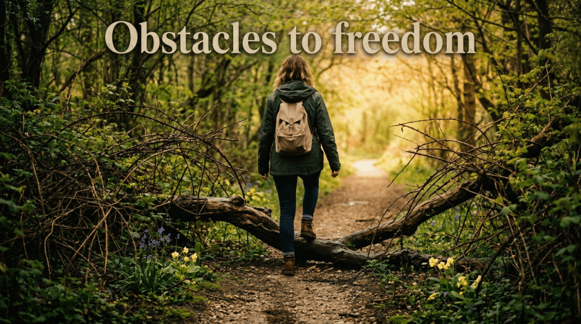 Person with backpack stepping over a fallen tree on a forest trail