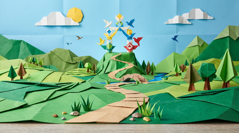 Origami landscape of green hills, trees, winding path, origami birds, sun, and clouds