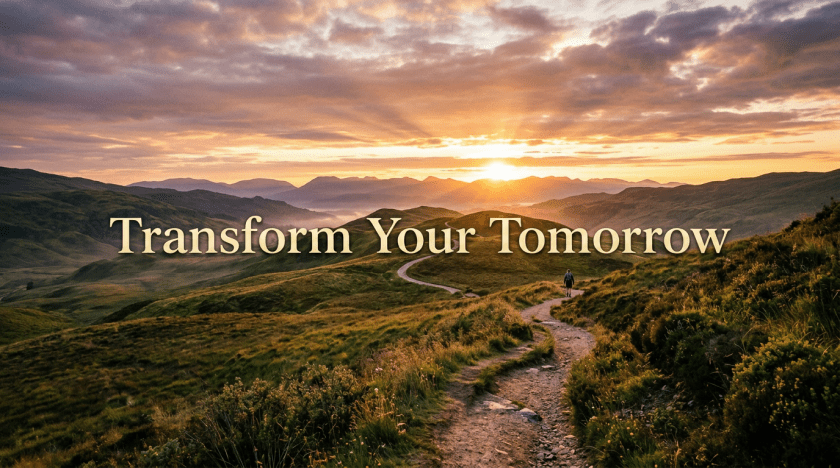 Hiker walking on a winding dirt path through green rolling hills during sunrise