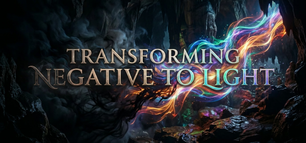 Bright rainbow-colored energy ribbons intertwining with dark smoky tendrils in a rocky cave