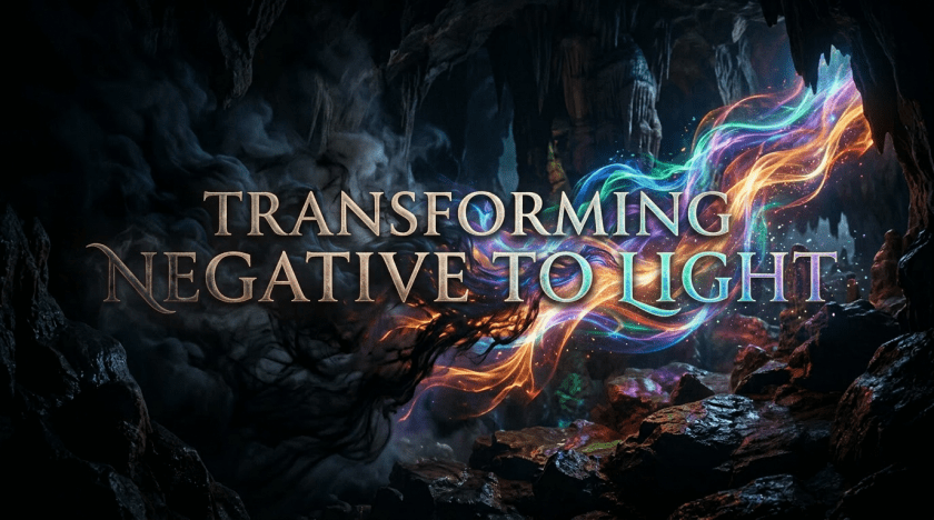 Bright rainbow-colored energy ribbons intertwining with dark smoky tendrils in a rocky cave