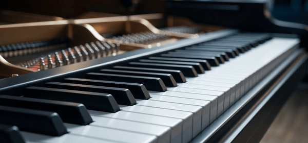 Close-up of vintage piano keys with exposed strings and one wooden black key