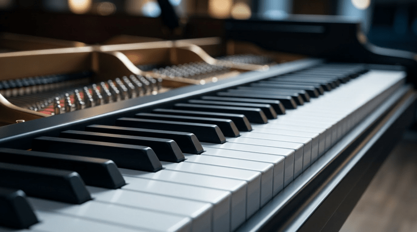 Close-up of vintage piano keys with exposed strings and one wooden black key