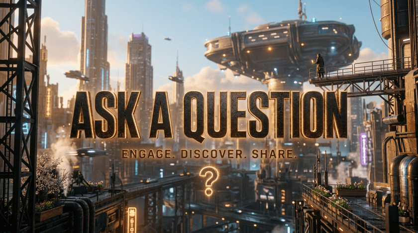 Glowing text 'ASK A QUESTION' and 'ENGAGE. DISCOVER. SHARE.' against a rainy, neon-lit futuristic city background.