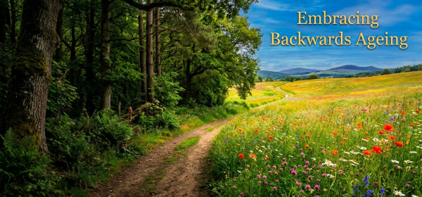 Dirt path between dense forest and wildflower meadow with rolling hills in the distance