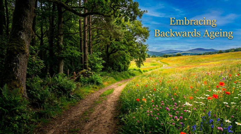 Dirt path between dense forest and wildflower meadow with rolling hills in the distance