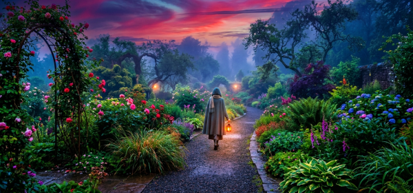 Person in blue cloak walking along flower-lined garden path holding lantern
