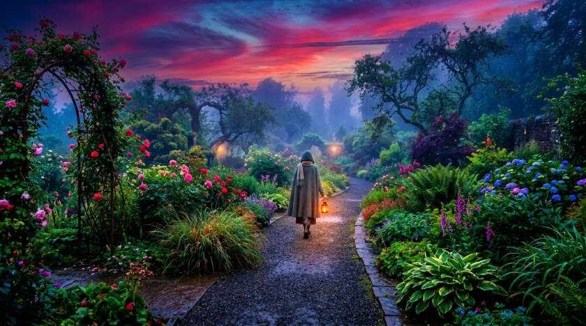 Person in blue cloak walking along flower-lined garden path holding lantern