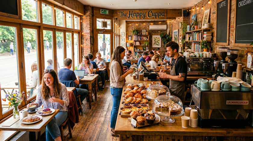 Customers at tables and counter in a busy café with baked goods and coffee machines