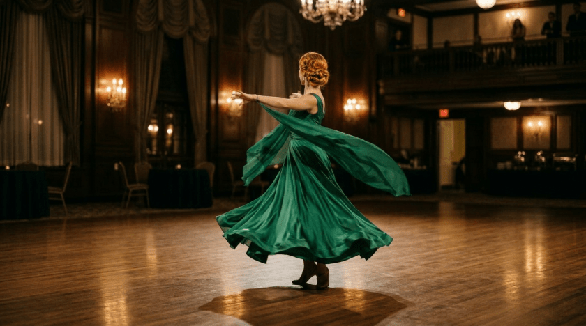Woman dancing elegantly in a green flowing dress in a grand ballroom