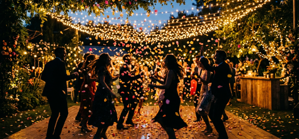 People dancing on a wooden floor under string lights with flower petals falling around them during an outdoor evening event