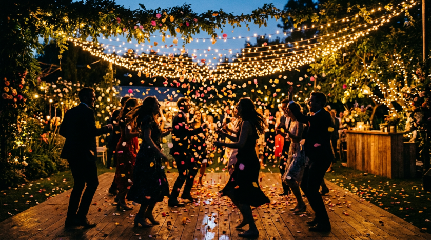 People dancing on a wooden floor under string lights with flower petals falling around them during an outdoor evening event