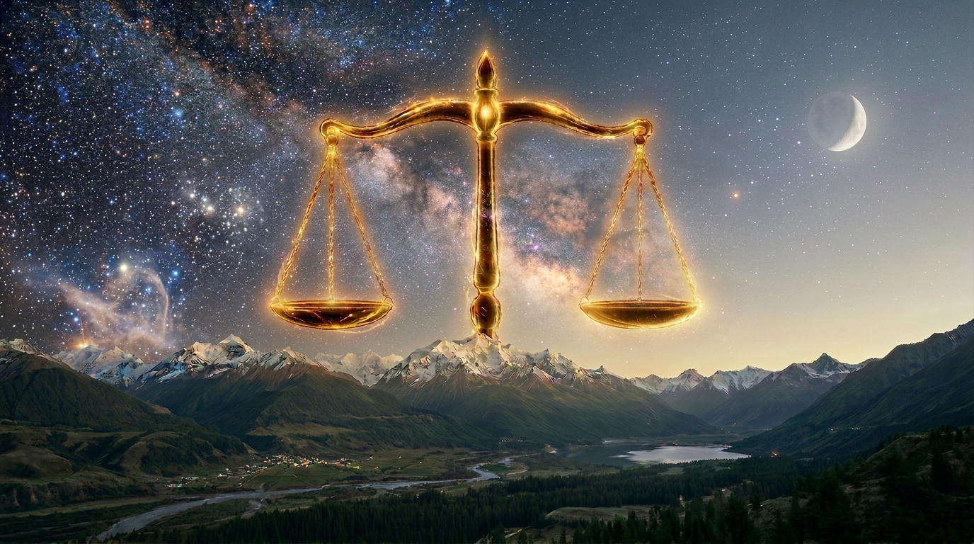 Glowing scales of justice suspended above mountain range at night with stars and crescent moon