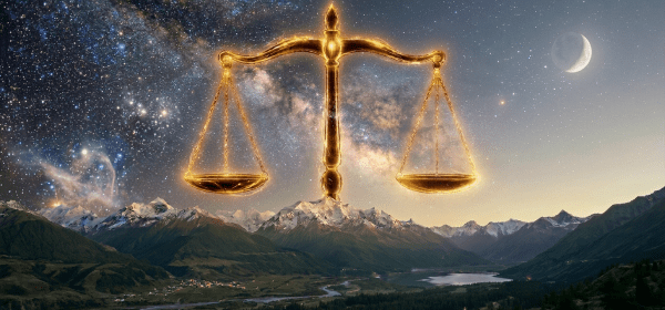 Glowing scales of justice suspended above mountain range at night with stars and crescent moon