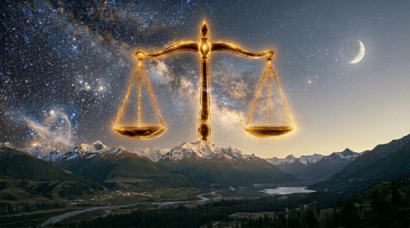 Glowing scales of justice suspended above mountain range at night with stars and crescent moon