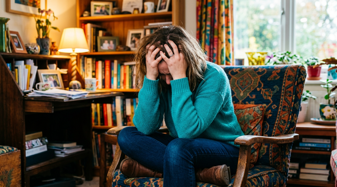 Person sitting on a patterned armchair with head in hands in a cozy living room filled with books and plants