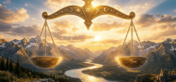 Golden scales of justice suspended over a winding river valley with mountains