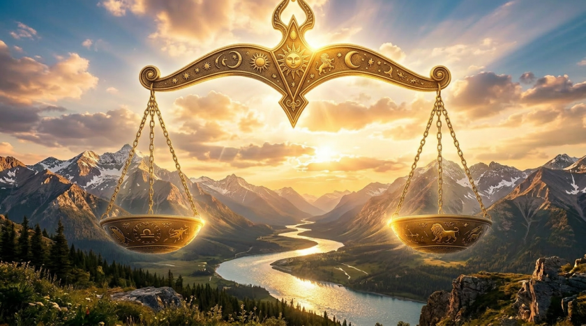 Golden scales of justice suspended over a winding river valley with mountains