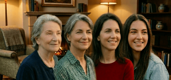 Four women of different generations standing side by side outdoors