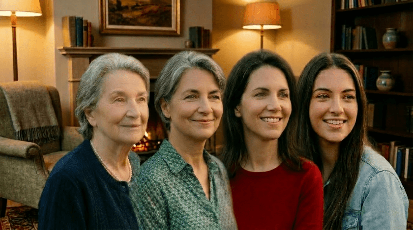 Four women of different generations standing side by side outdoors