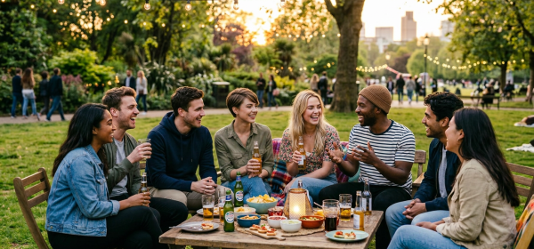 Group of friends sitting around a table outdoors enjoying drinks and snacks in a park at sunset