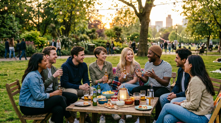 Group of friends sitting around a table outdoors enjoying drinks and snacks in a park at sunset