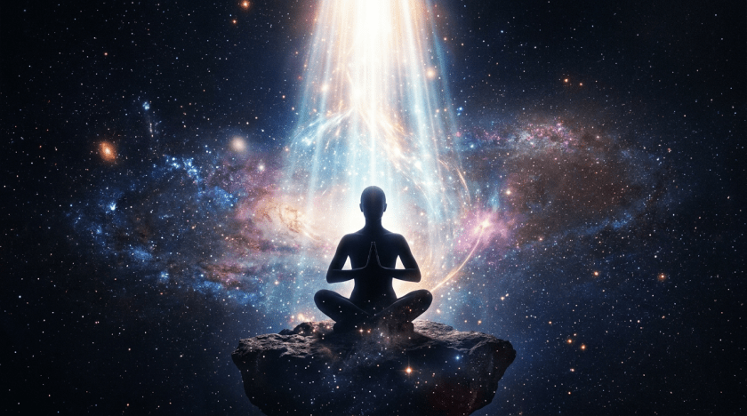 Silhouette of a person meditating in lotus pose on floating rock with cosmic galaxy and beams of light