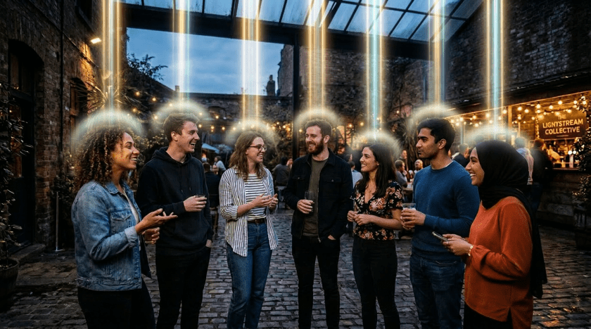 Group of seven young adults chatting and holding drinks in a cobblestone courtyard with string lights and plants.