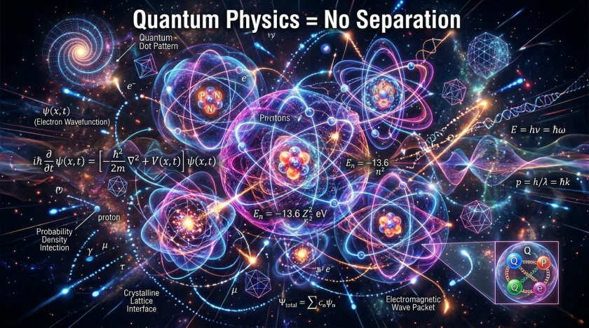 Multiple glowing atomic models with orbiting electrons and nucleus cores connected by bright particle trails
