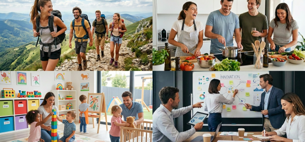 Four images showing groups of friends hiking on a mountain trail, cooking in a kitchen, playing volleyball on a beach, and enjoying a concert