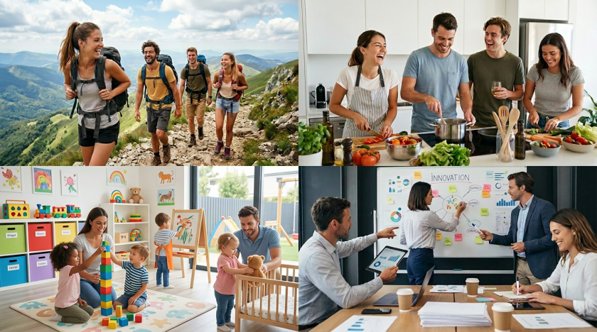 Four images showing groups of friends hiking on a mountain trail, cooking in a kitchen, playing volleyball on a beach, and enjoying a concert
