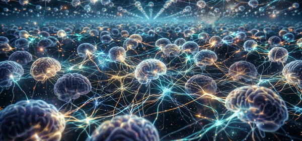 Multiple transparent brains connected by glowing neural pathways resembling a network