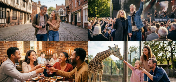 Four-panel collage of travel, music, dining, and family experiences