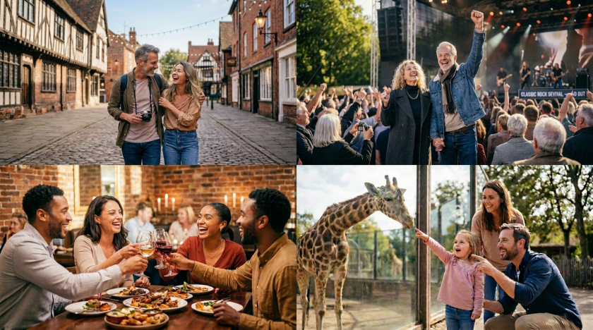 Four-panel collage of travel, music, dining, and family experiences