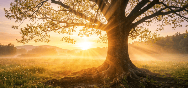 Large oak tree overlooking a misty meadow at sunrise
