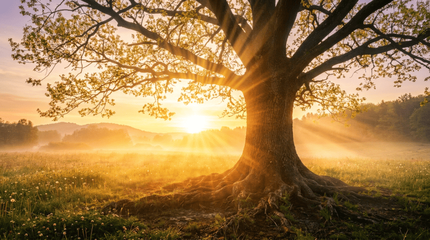 Large oak tree overlooking a misty meadow at sunrise